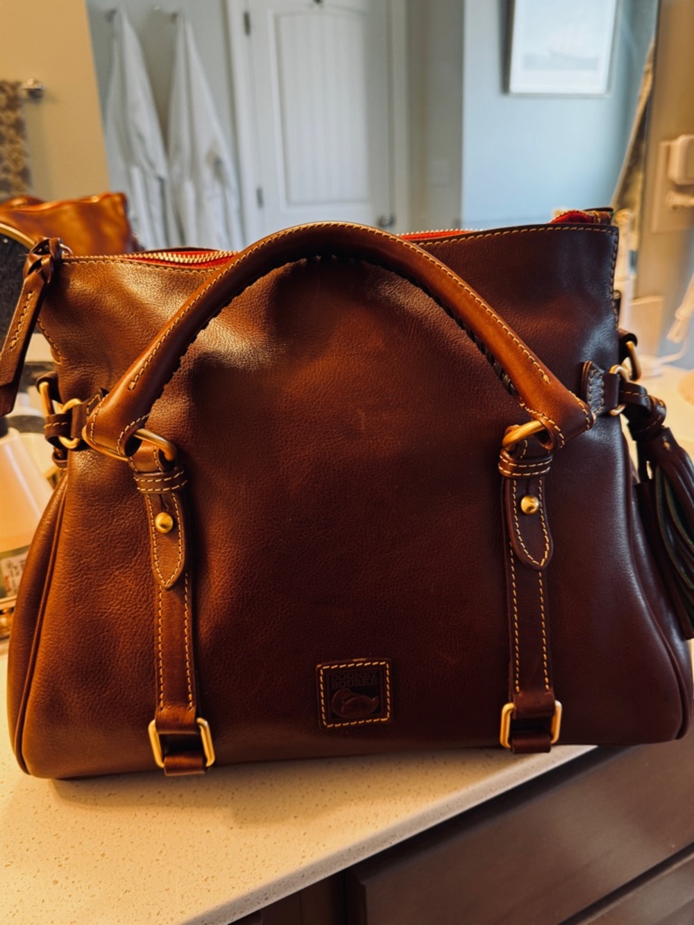 Dooney & Bourke Brown Leather Satchel with Gold Hardware